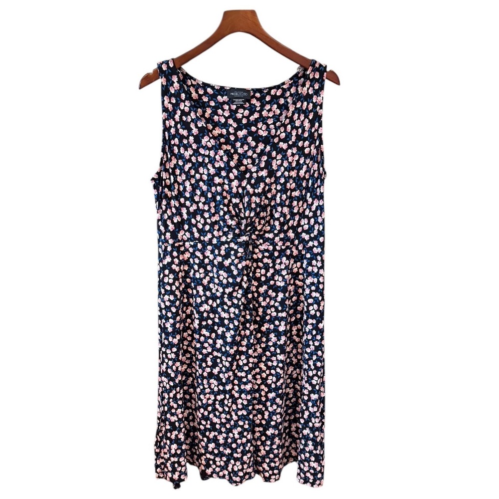 Michel Studio Women Navy Pink Floral Twist Front Sleeveless VNeck Dress 1X Fairy